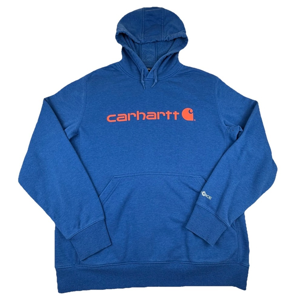 Carhartt Relaxed Fit‎ Hoodie Mens L Force Workwear Logo Pullover Sweatshirt Blue